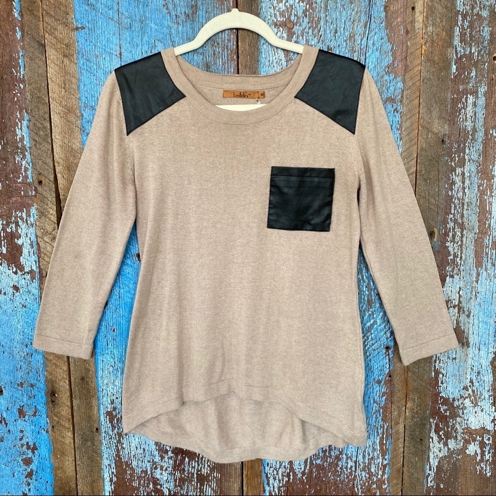 Belldini Tan Sweater with Faux Leather Detail Size M